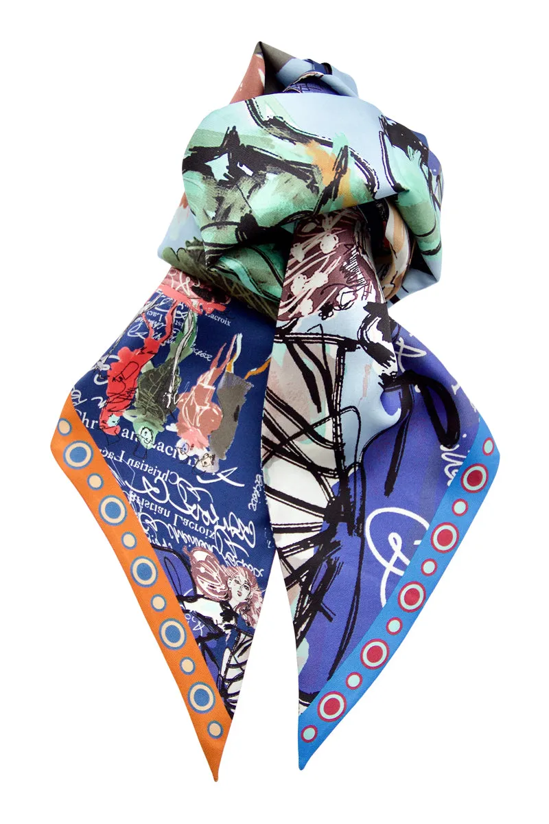 Double-sided silk scarf "Croquis" Lacroix - deep blue