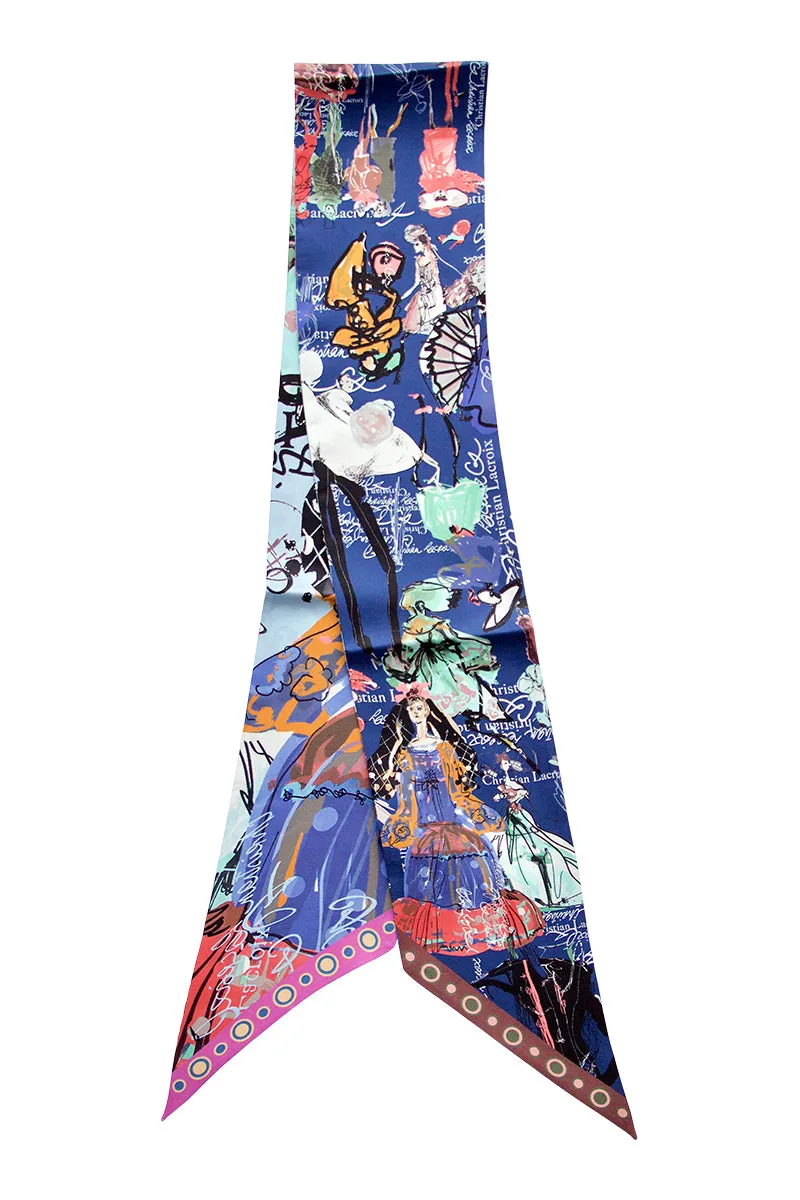 Double-sided silk scarf "Croquis" Lacroix - deep blue