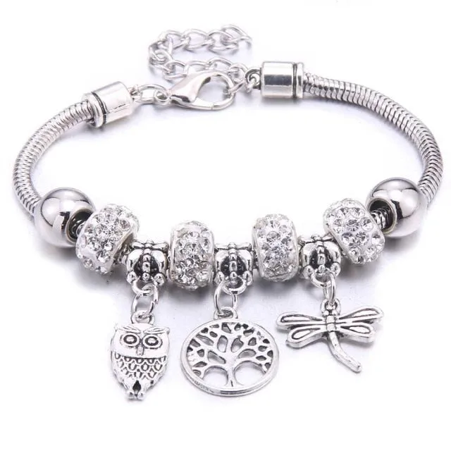 Dropshipping dragonfly owl Shape Crystal Charm Bracelets Beads Bracelet Women DIY Beads Brand Bracelets & Bangles Jewelry Gift