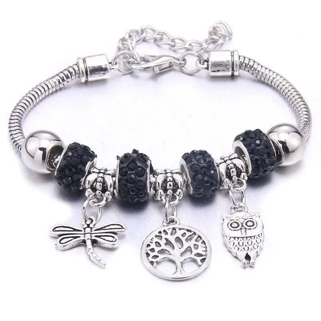 Dropshipping dragonfly owl Shape Crystal Charm Bracelets Beads Bracelet Women DIY Beads Brand Bracelets & Bangles Jewelry Gift