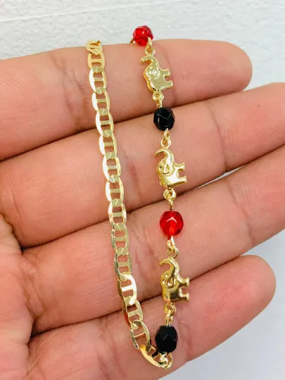 Elephant Red Black Beads Anklet Bracelet 18K Gold Filled 10" Inches / Womens Anklet Bracelet / Azabache Bracelet / Animals Bracelet / Tobillera de Elefante para Mujer / Pulsera de Pie Rojo y Negra