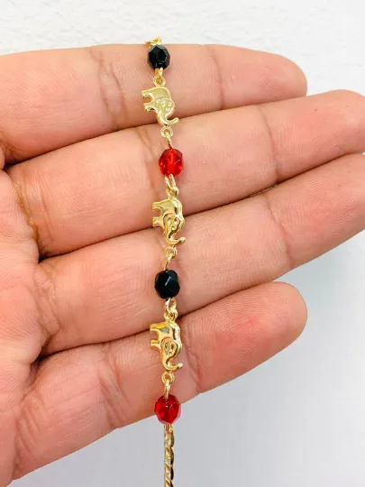 Elephant Red Black Beads Anklet Bracelet 18K Gold Filled 10" Inches / Womens Anklet Bracelet / Azabache Bracelet / Animals Bracelet / Tobillera de Elefante para Mujer / Pulsera de Pie Rojo y Negra