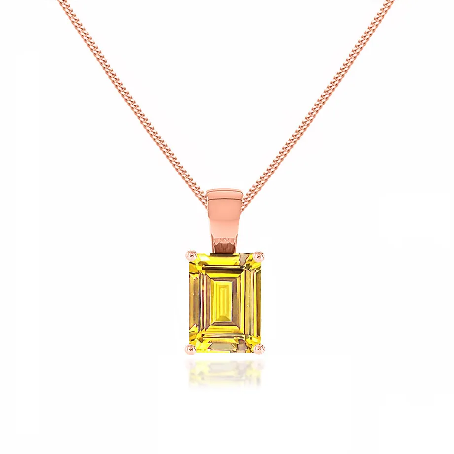 ELIZA - Emerald Cut Yellow Sapphire 4 Claw Drop Pendant 18k Rose Gold