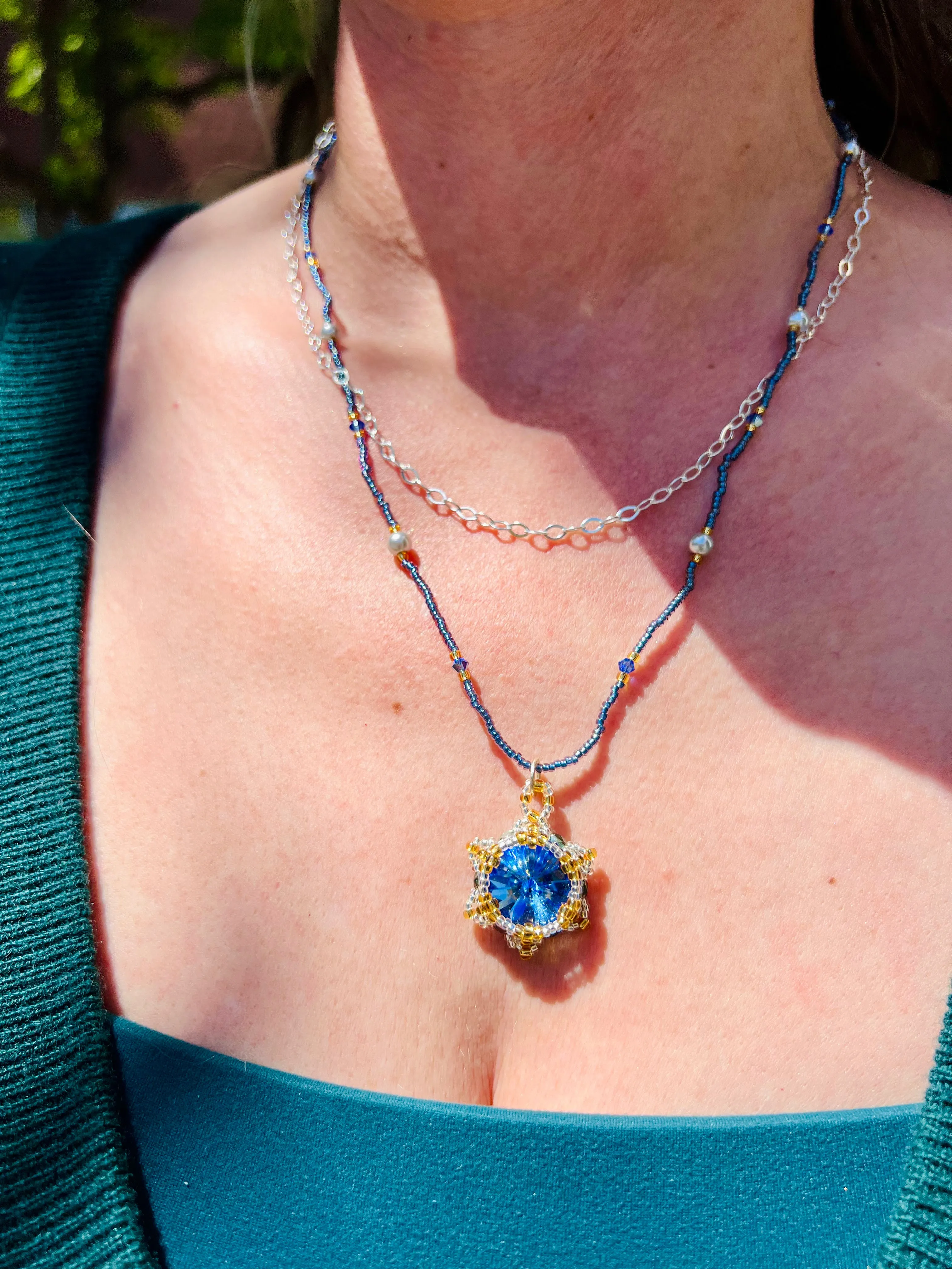 Em'z Blendz Lotus Flower Necklace | Handwoven Blue Sapphire Crystal & Sterling Silver