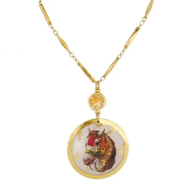 Evocateur Majestic Horse Pendant 1.5" with Gold Athena Chain Citrine