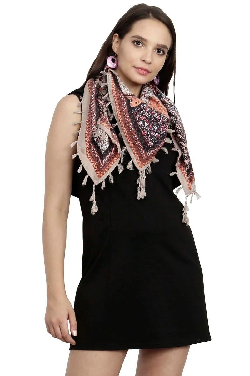 FabSeasons Brown Cotton Printed Soft & Stylish Square Scarf