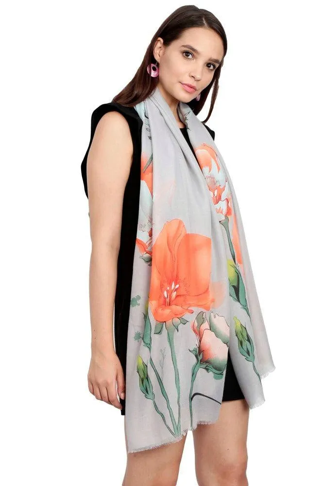 FabSeasons Orange Viscose Colorful Floral Printed Soft & Stylish Scarf