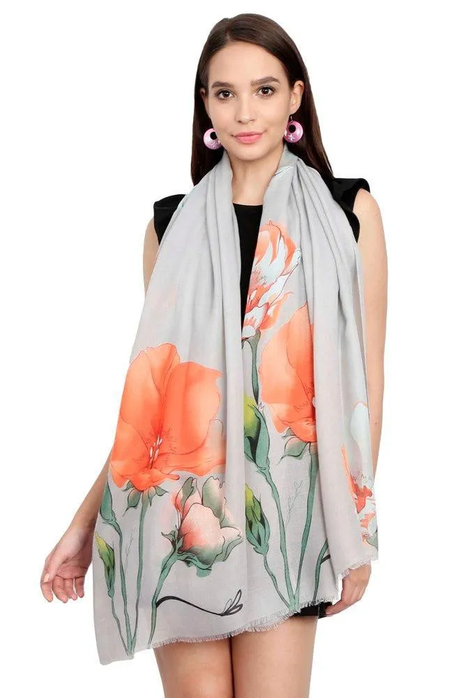 FabSeasons Orange Viscose Colorful Floral Printed Soft & Stylish Scarf