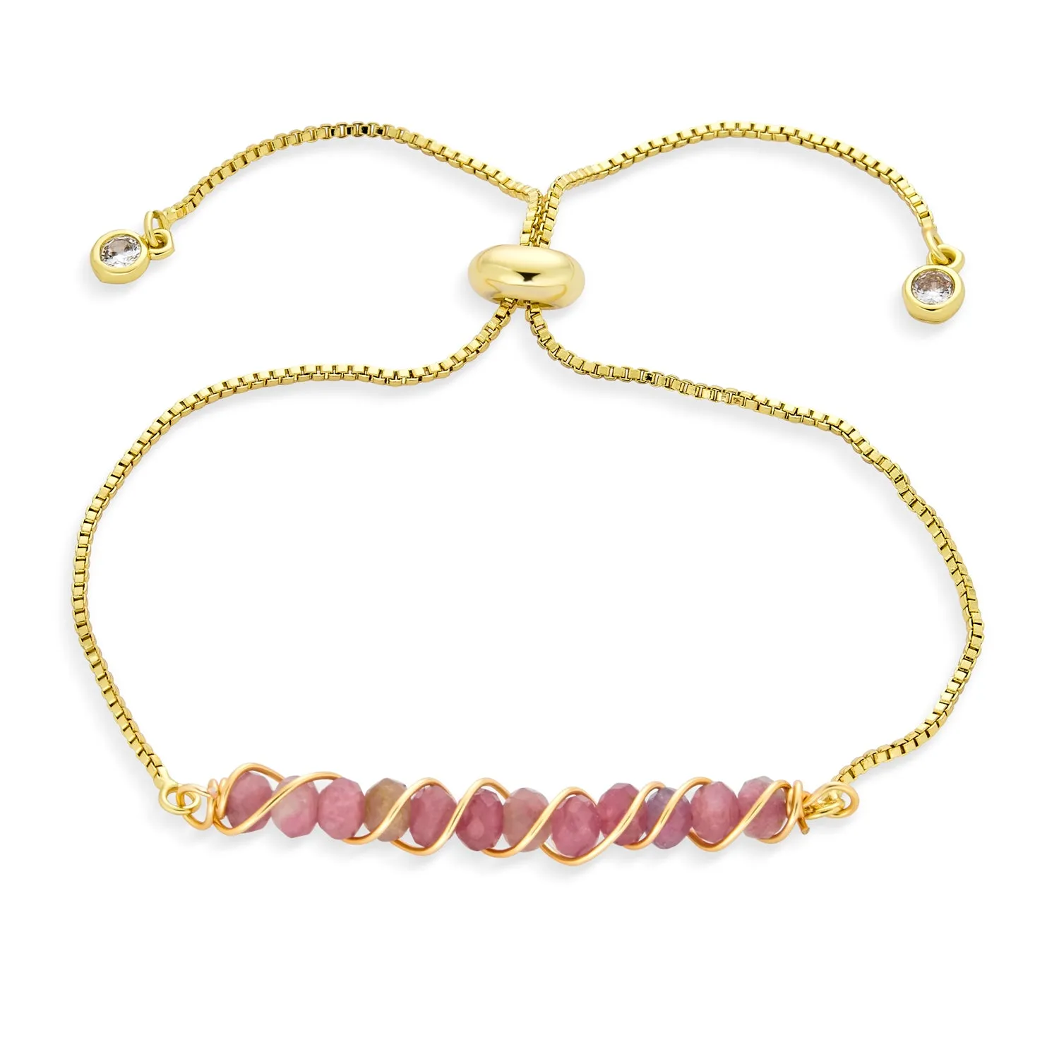 Fashion Gemstone Bolo Bracelet with Pink Tourmaline and Aquamarine 18K Gold Plated