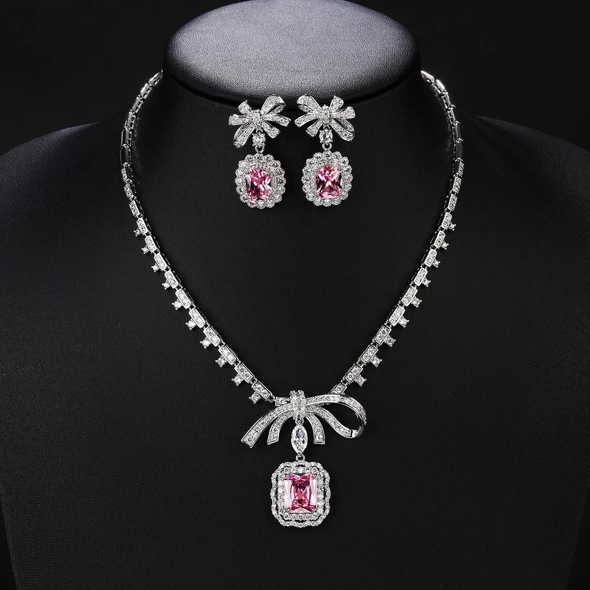 Fashion Simple Green Pink CZ Shiny Cubic Zirconia Wedding Party Bow Pendat Necklace Earrings Jewelry Set CN10772