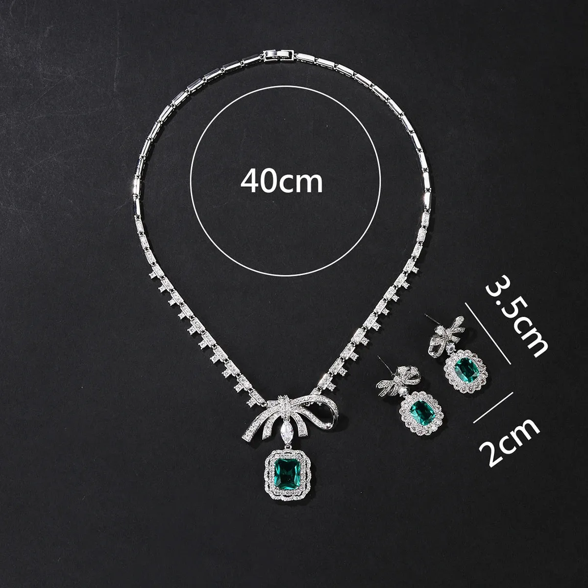 Fashion Simple Green Pink CZ Shiny Cubic Zirconia Wedding Party Bow Pendat Necklace Earrings Jewelry Set CN10772