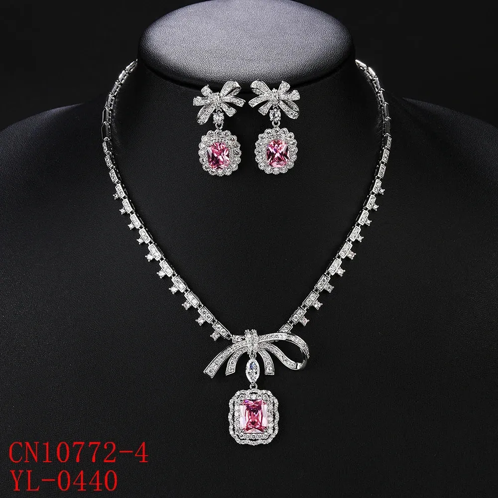 Fashion Simple Green Pink CZ Shiny Cubic Zirconia Wedding Party Bow Pendat Necklace Earrings Jewelry Set CN10772