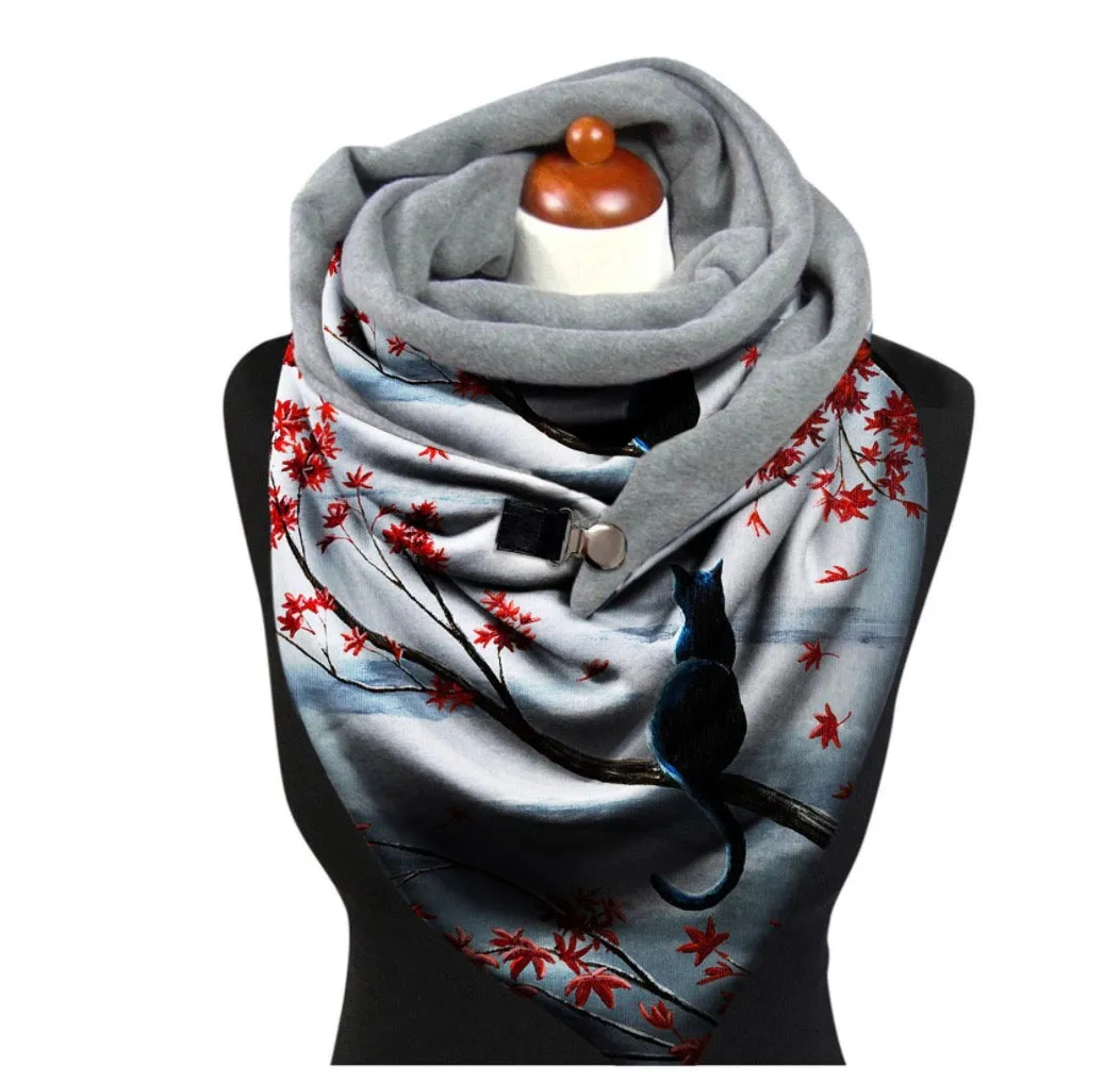 Fashion Women Cute Cat Print Scarf Hijabs Female Lady Retro Button Female Multi-Purpose Shawl Scarf 80cm-100cm Winter Echarpe