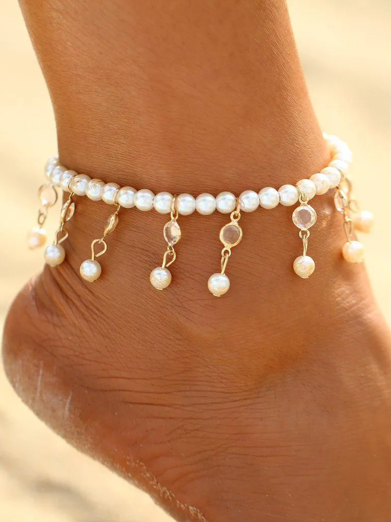 Faux Pearl & Crystal Decorated Beaded Anklet