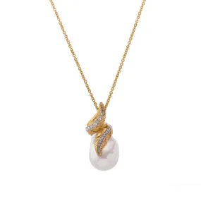 Feather Wrap Necklace with Pearl & Diamonds in 18K Yellow Gold