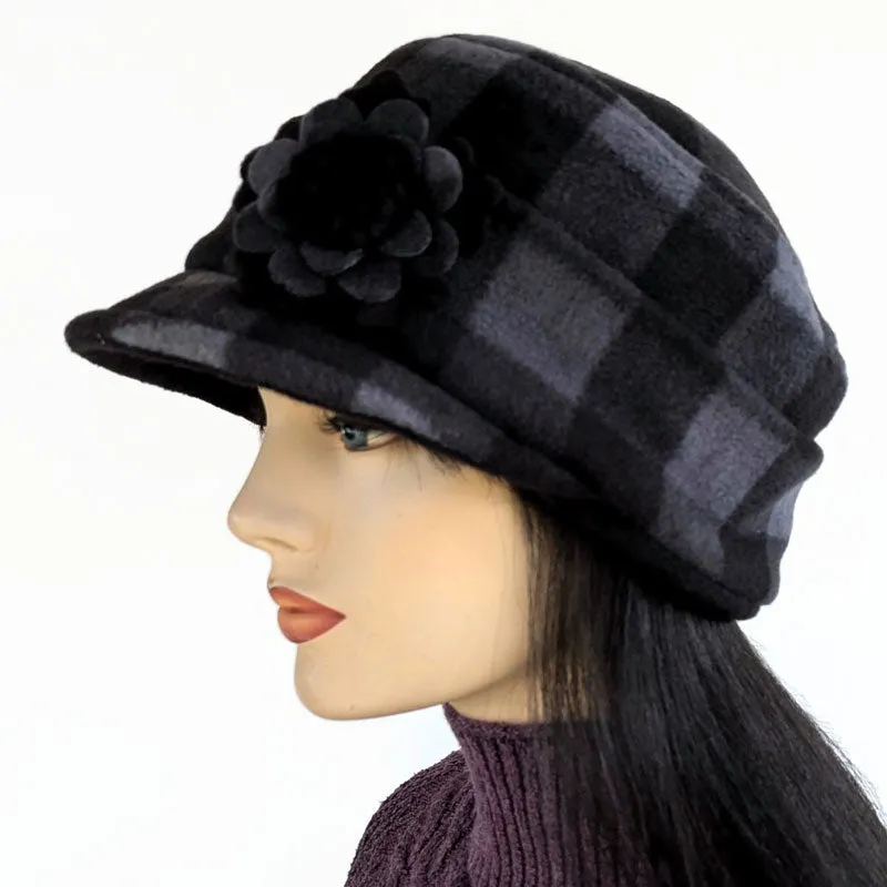 Fleece Fashion Cap with floral pin in popular plaid check, with fleece cuff and pin