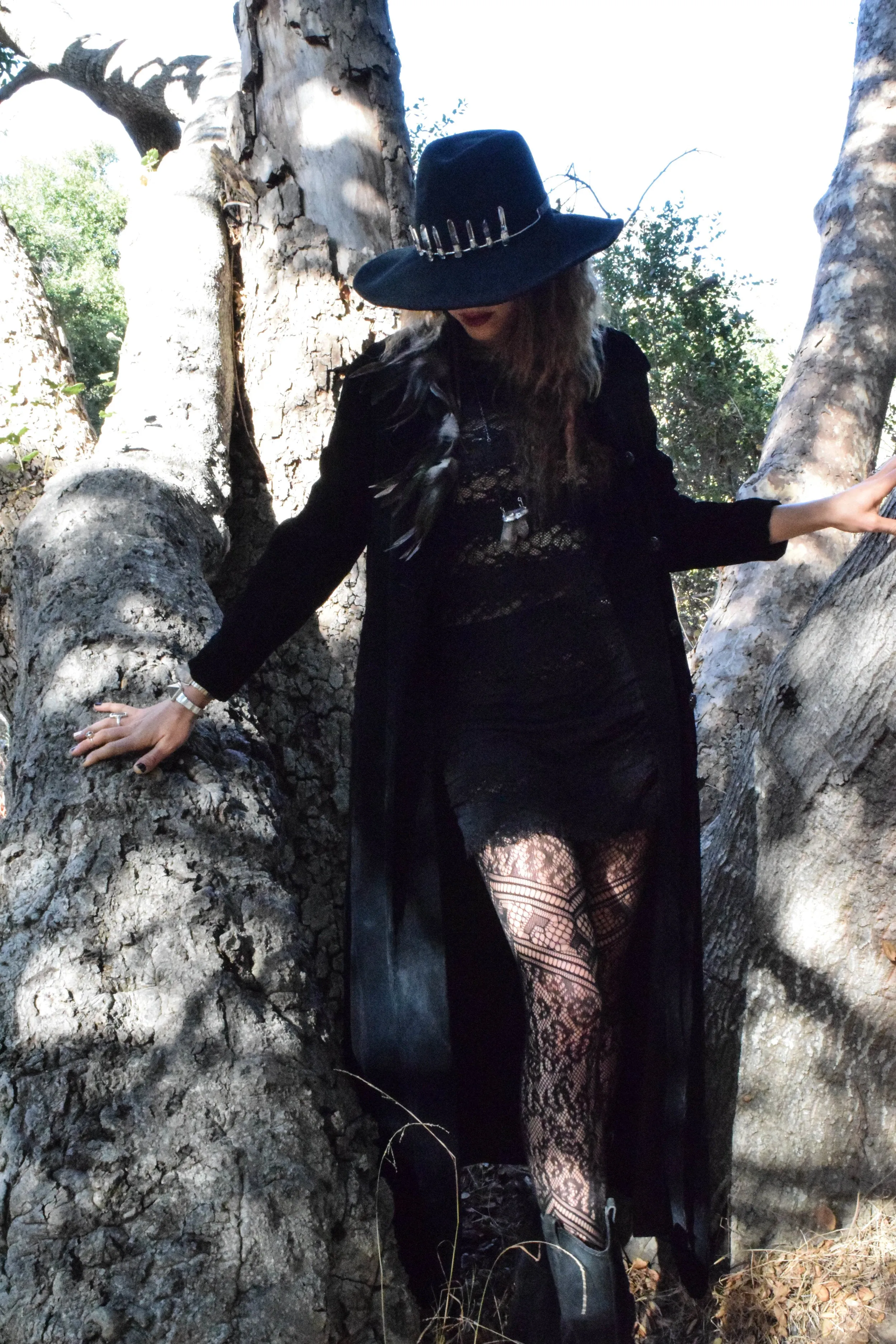 Flight Of Fancy Crystal Crown Clear & Smokey Quartz Gold Headband On Black Wide Brim Felt Fedora With Leather Ties Be The Festival Goddess