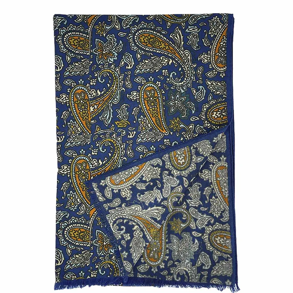 Fringed blue, orange paisley selected wool scarf