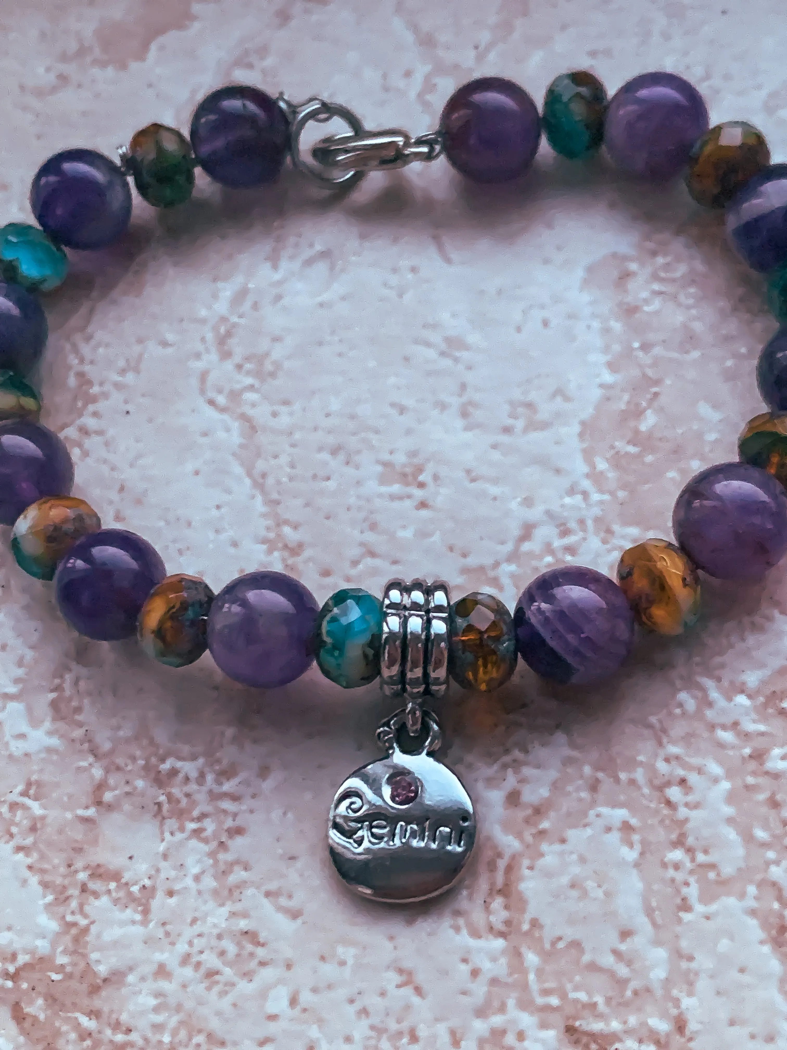 Gemini Zodiac Rhodium Plated Semiprecious Charm Bracelet with Birthstone