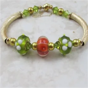 Gold Bangle Bracelet Artisan Handmade  Olive & Melon Bead Accents