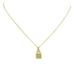 Gold Cubic Zirconia Moon & Lock Pendant Necklace