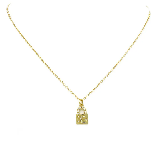 Gold Cubic Zirconia Moon & Lock Pendant Necklace