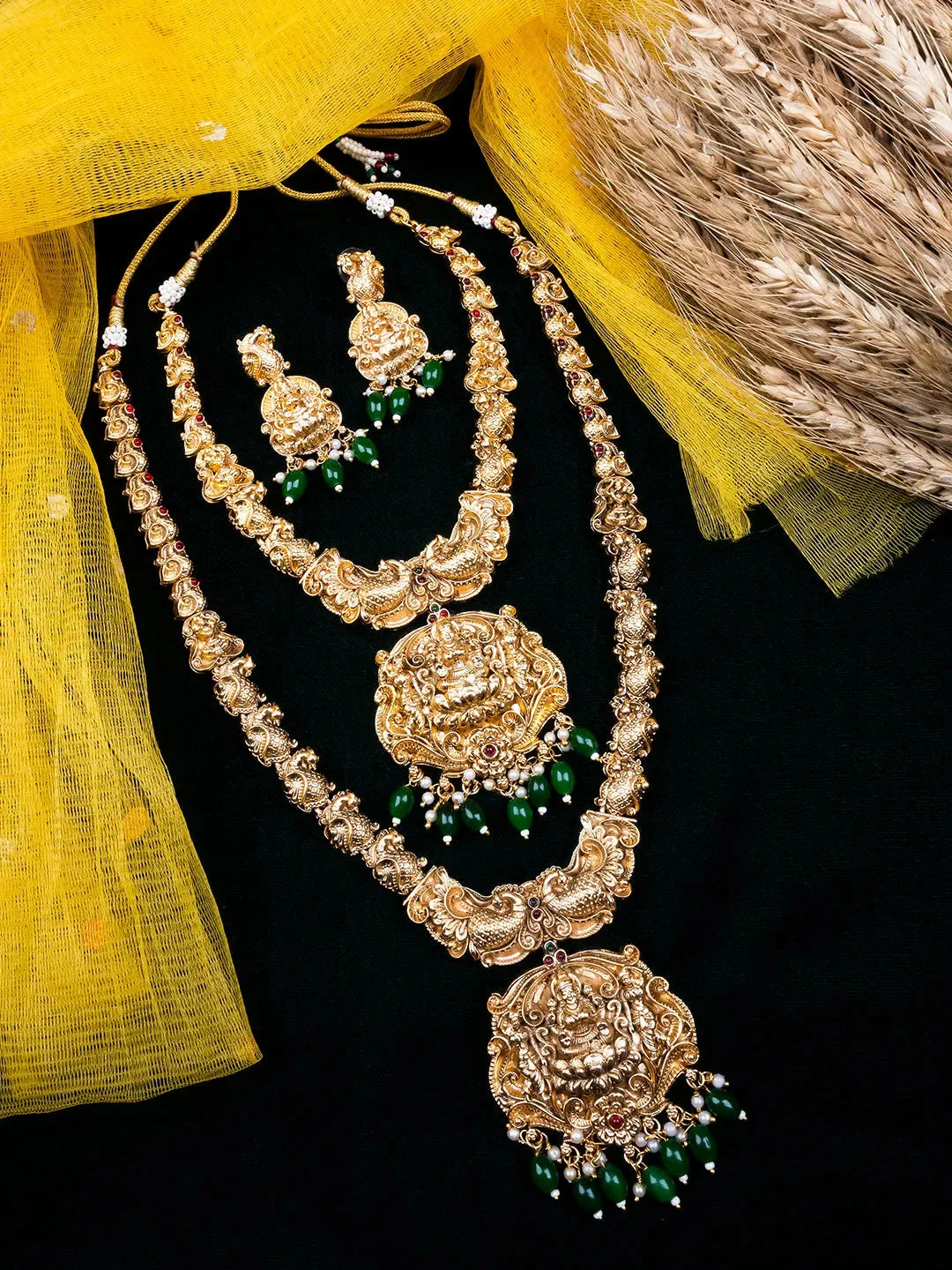 Gold Plated Temple Green Beads Combo Jewelry Set