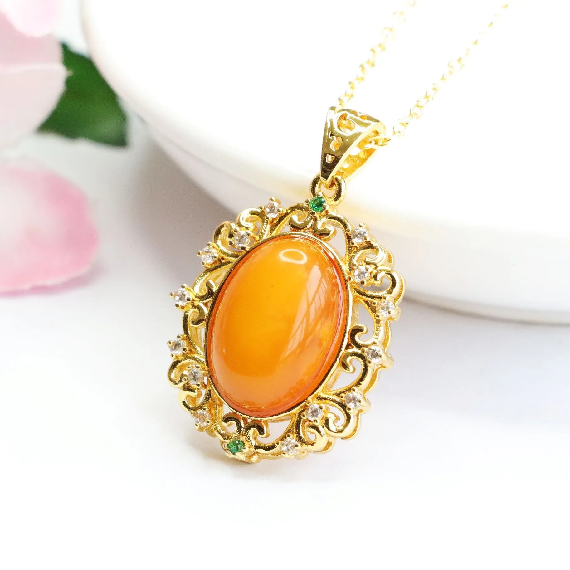 Golden Amber Beeswax Pendant Necklace with Zircon Accents