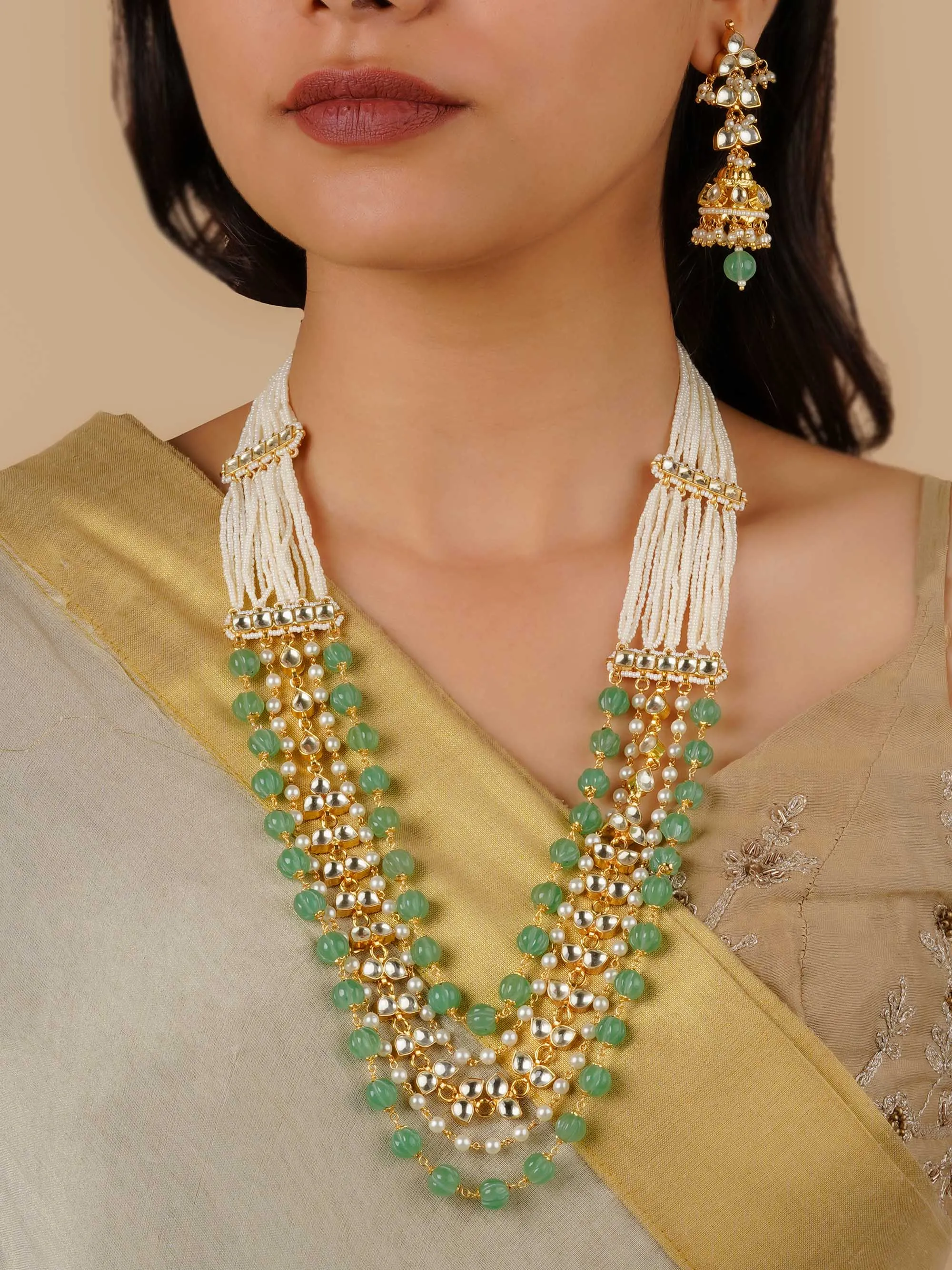 Green Color Gold Plated Jadau Kundan Necklace Set - MS2020Y