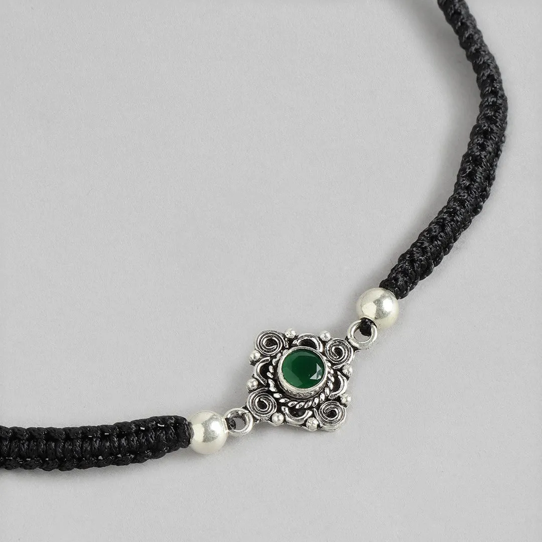 Green Stone Floral Rhodium Plated 925 Sterling Silver Thread Anklet