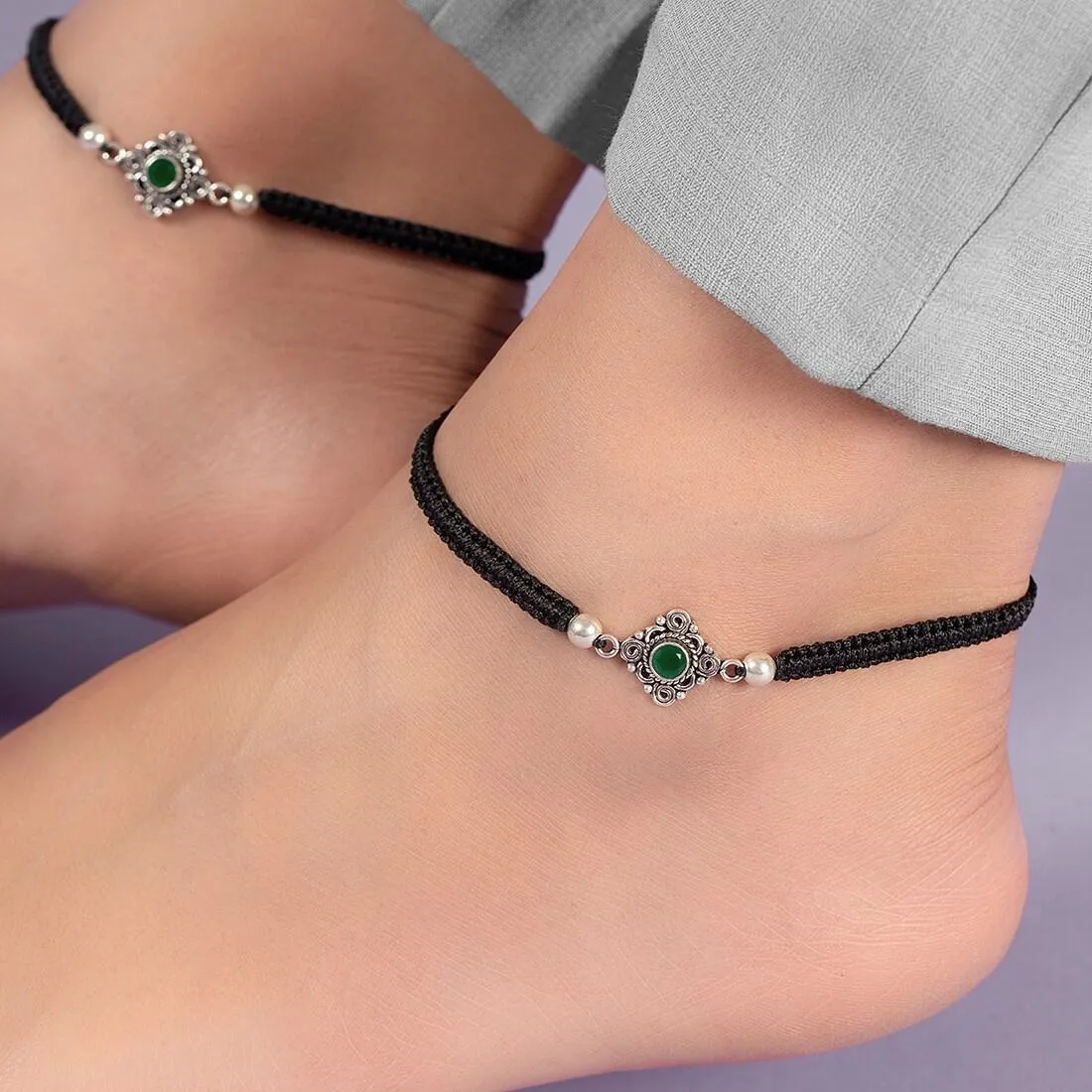 Green Stone Floral Rhodium Plated 925 Sterling Silver Thread Anklet