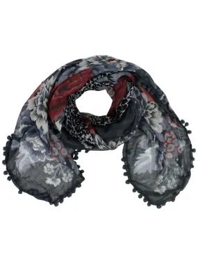 Grey Multicolor Floral Square Scarf With Pom-Pom Trim