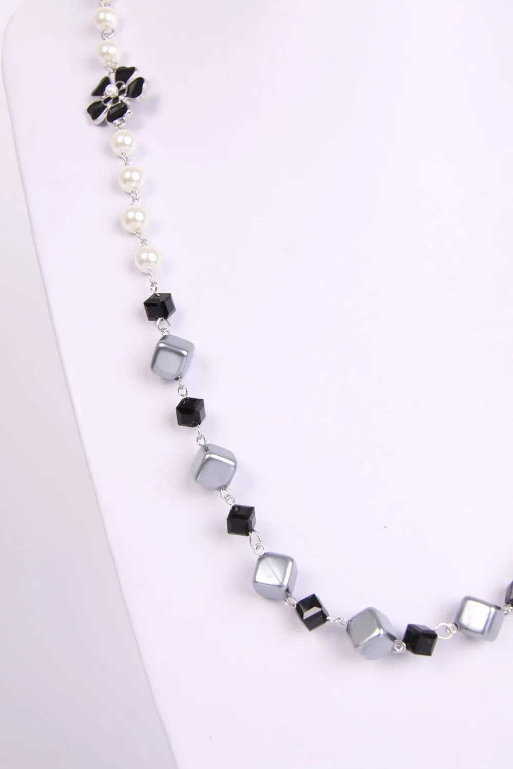 Grey Square block with Pearls long women's necklace