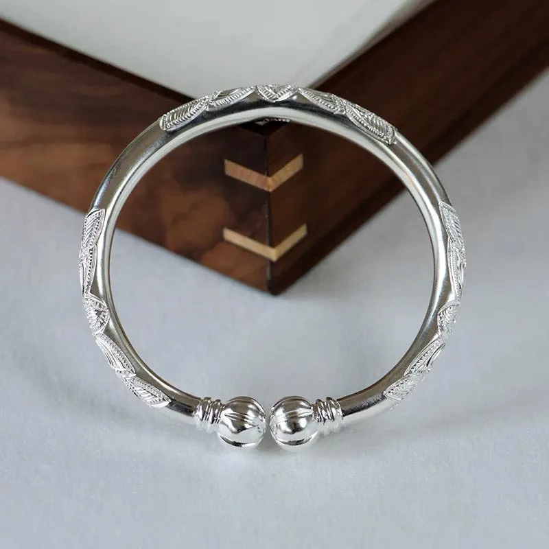 Hand Carved Retro Chinese Lotus Pattern Pure Solid Silver Bangle Bracelet with Pumpkin Shaped Opening