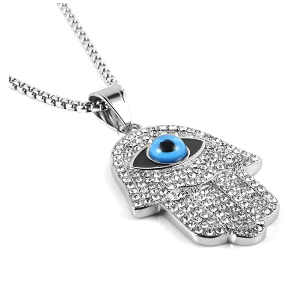 Hand of Fatima Necklace Hamsa Hand Chain Blue Evil Eye Kabbalah Islamic Muslim Diamond Jewelry Gold Stainless Steel  24in.