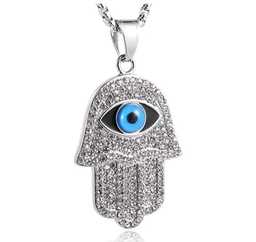 Hand of Fatima Necklace Hamsa Hand Chain Blue Evil Eye Kabbalah Islamic Muslim Diamond Jewelry Gold Stainless Steel  24in.