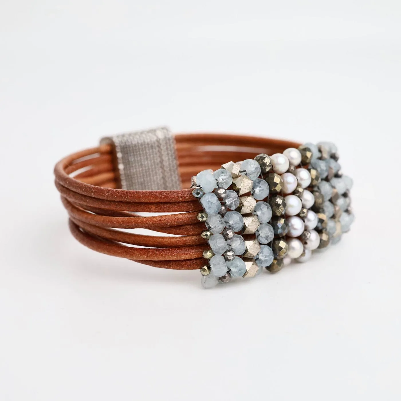 Hand Stitched Aquamarine, Grey Pearls, Pyrite, & Silver on Natural Leather Bracelet