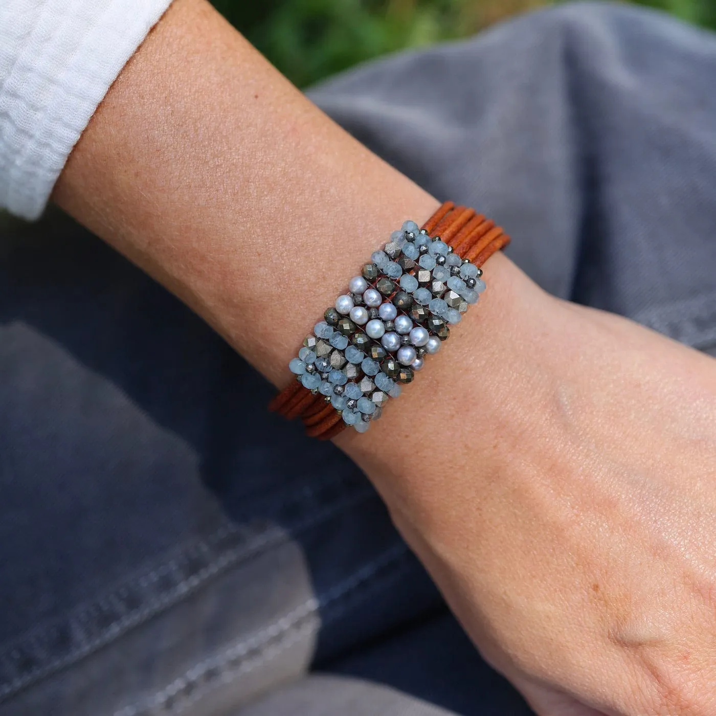 Hand Stitched Aquamarine, Grey Pearls, Pyrite, & Silver on Natural Leather Bracelet