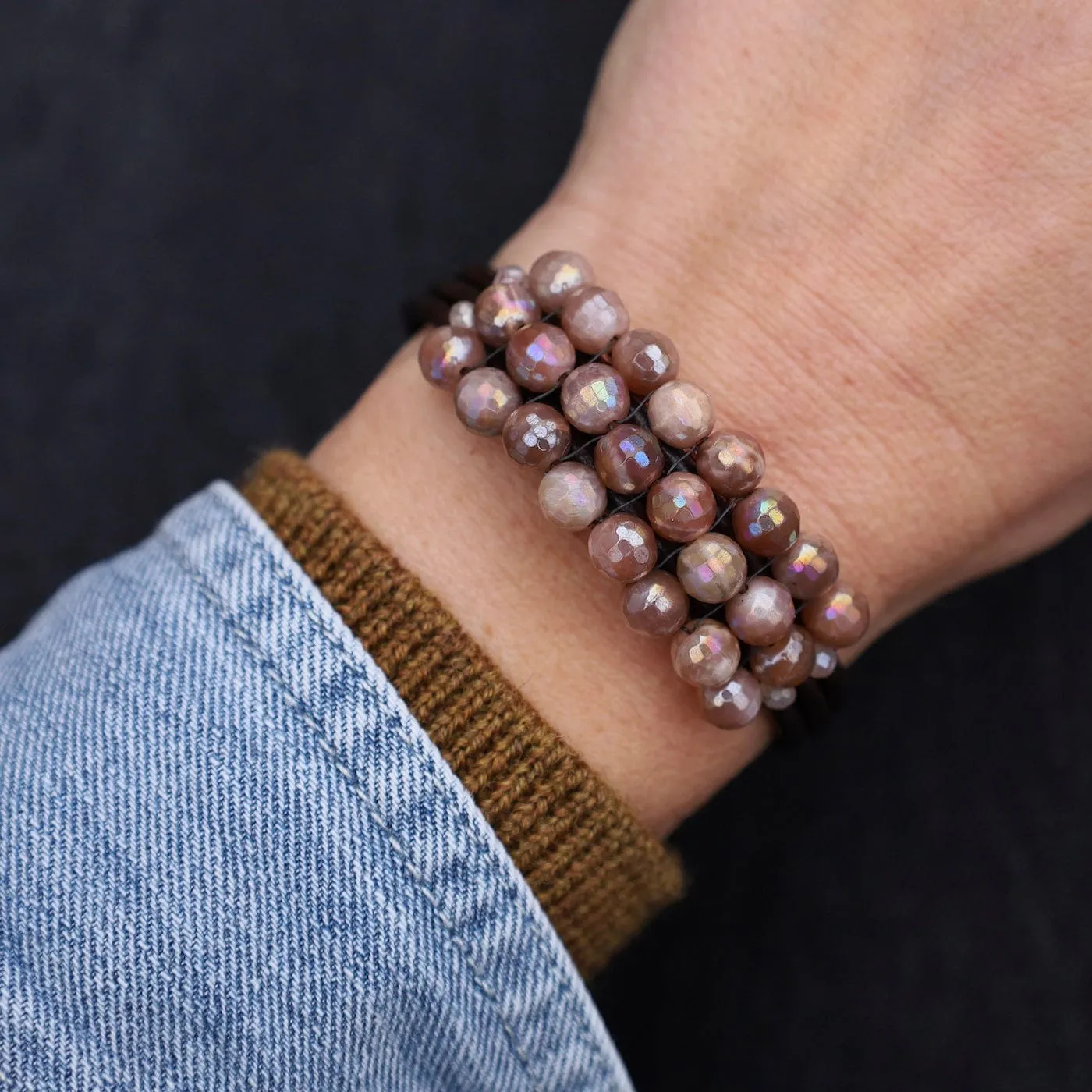 Hand Stitched Coated Diamond Bellini Moonstone Leather Bracelet