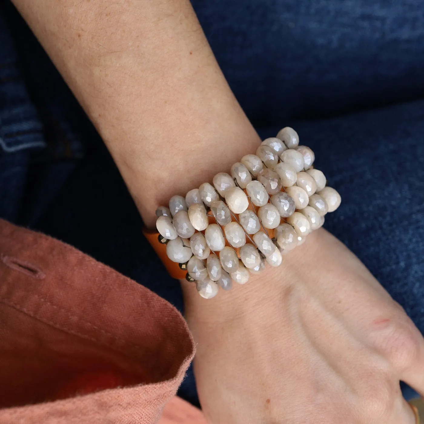 Hand Stitched Coated Moonstone Leather Bracelet