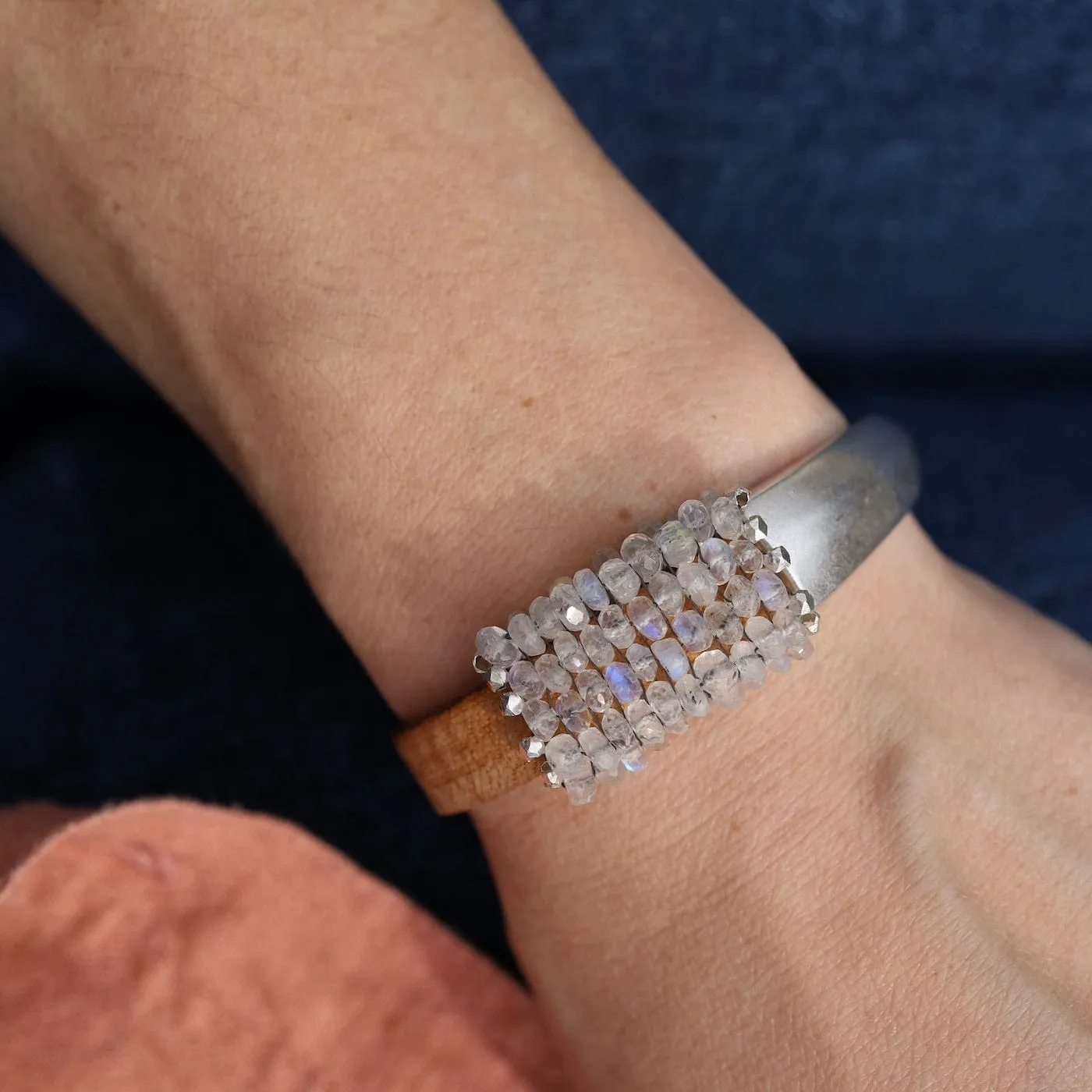 Hand Stitched Faceted Moonstone 1/2 Cuff