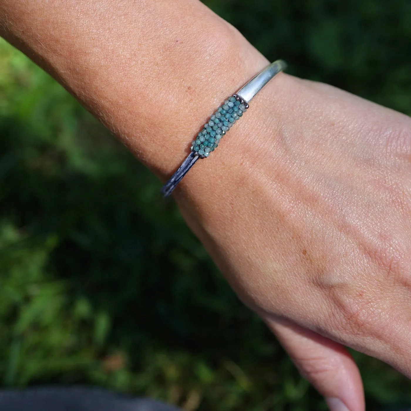 Hand Stitched Tiny Aquamarine with Tiny Grey Pearl Trim on 1/2 Cuff Bracelet