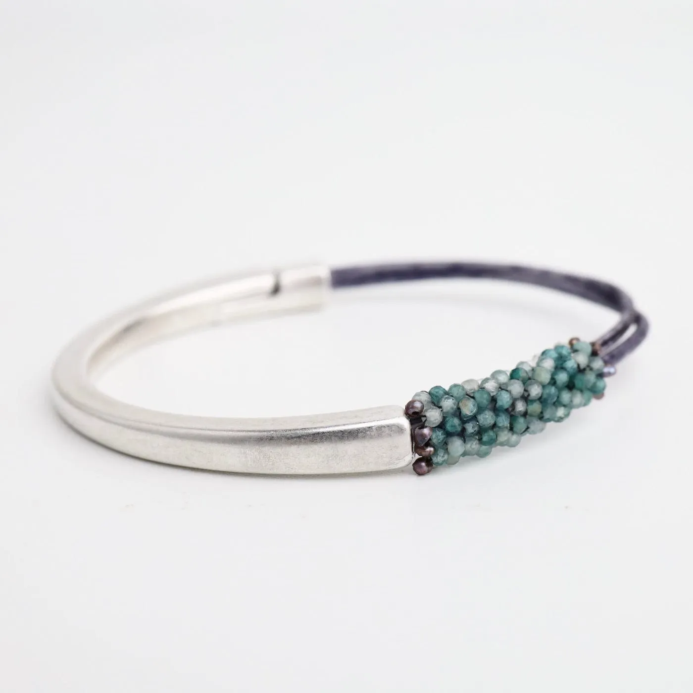 Hand Stitched Tiny Aquamarine with Tiny Grey Pearl Trim on 1/2 Cuff Bracelet