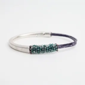 Hand Stitched Tiny Aquamarine with Tiny Grey Pearl Trim on 1/2 Cuff Bracelet