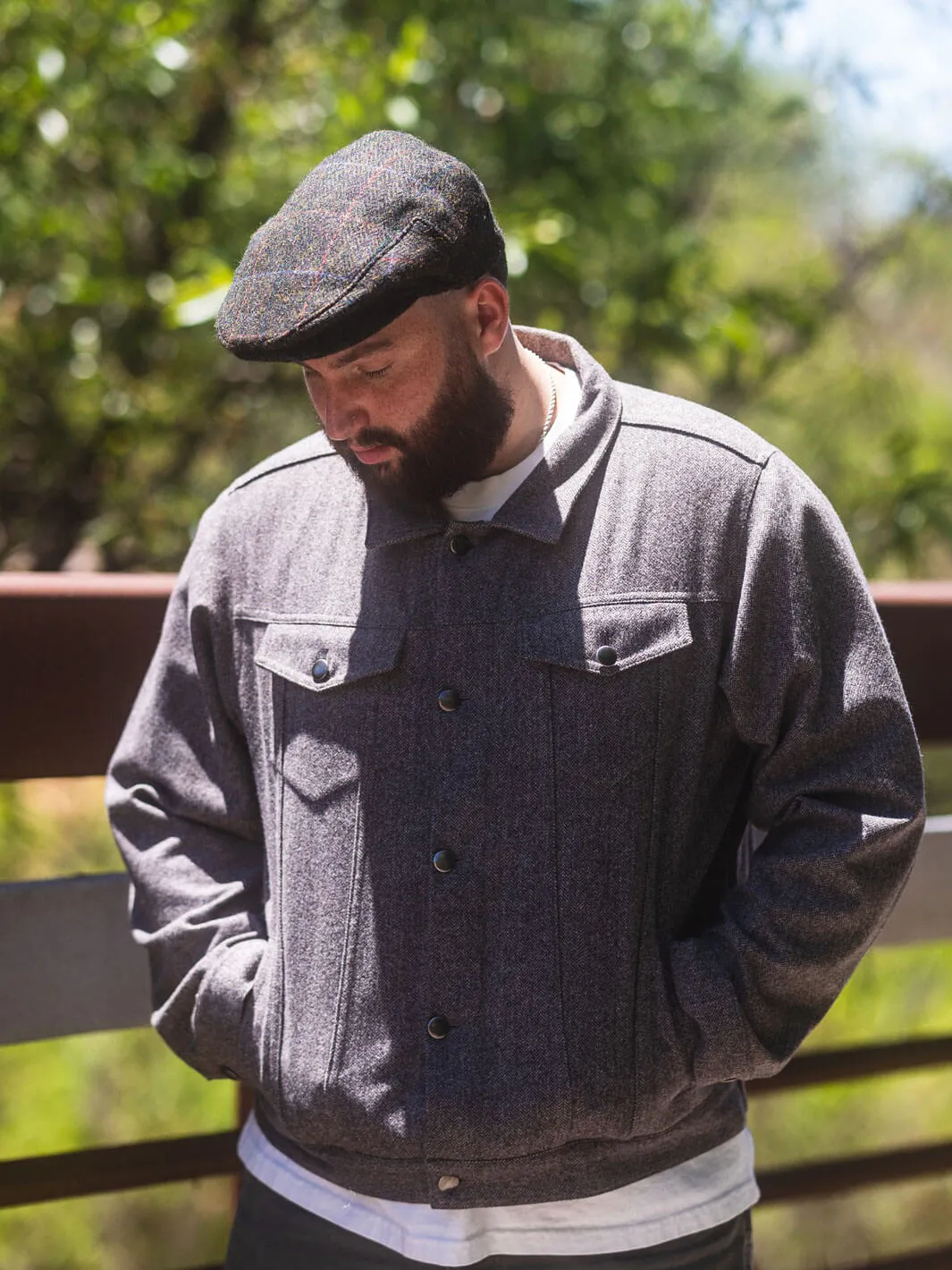 Herringbone Tweed Check Driving Cap - Green-Brown