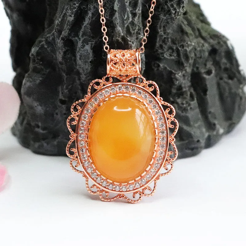 Honey Amber Pendant with Zircon Rose Gold Necklace