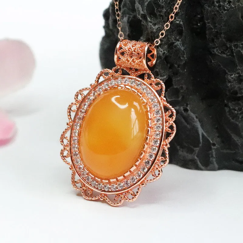 Honey Amber Pendant with Zircon Rose Gold Necklace