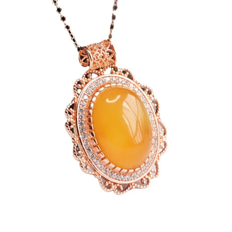 Honey Amber Pendant with Zircon Rose Gold Necklace