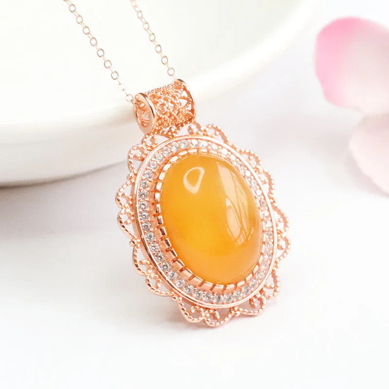 Honey Amber Pendant with Zircon Rose Gold Necklace