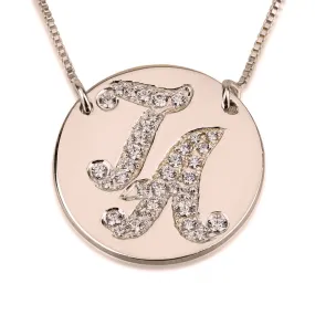 Initial Disc Necklace with Cubic Zirconia - Rose Gold Plated